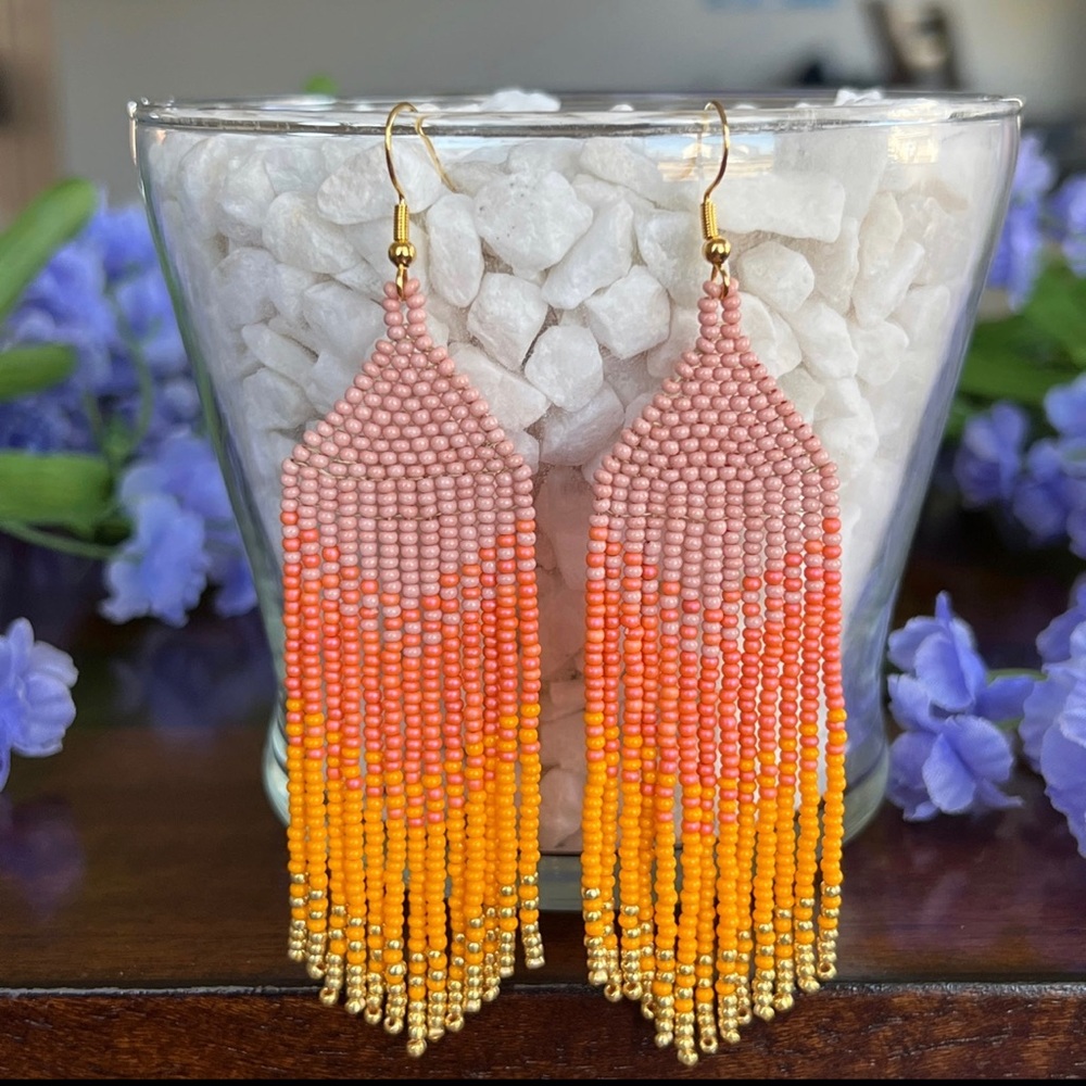 BOHO Seed Bead Fringe Earrings Coral Orange Gold Sunset Handmade